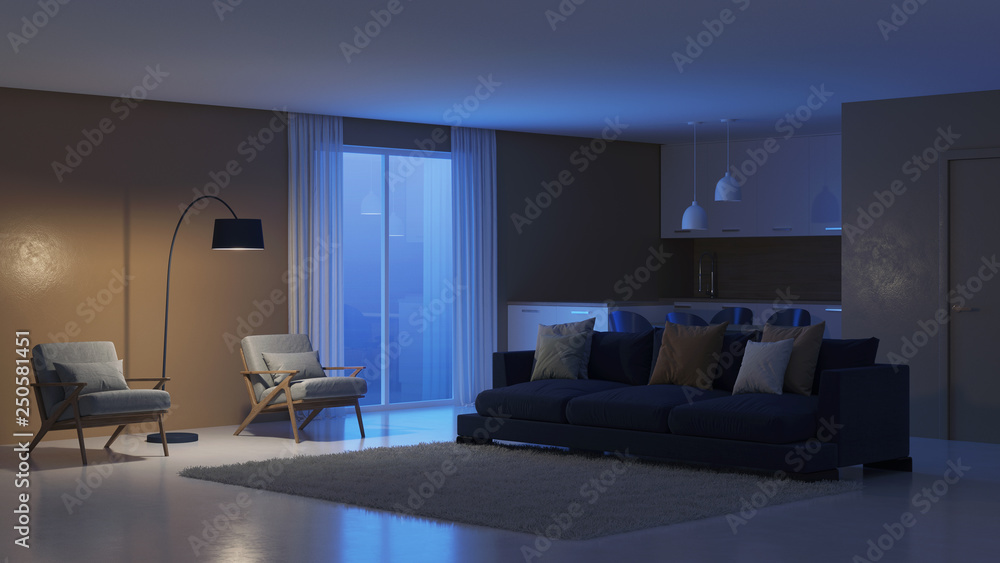 Modern house interior. Night. Evening lighting. 3D rendering. Modern house interior. Night. Evening lighting. 3D rendering.