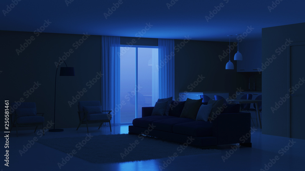 Modern house interior. Night. Evening lighting. 3D rendering. Modern house interior. Night. Evening lighting. 3D rendering.
