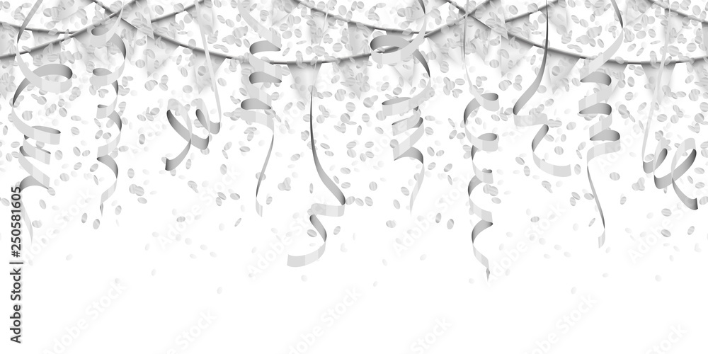 seamless silver confetti, streamers and garlands background