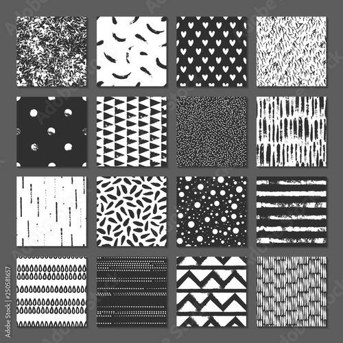 Set of 16 seamless pattern. Drops, points, lines, stripes, circles, squares, rectangles. Abstract forms drawn a wide pen and ink. Backgrounds in black and white. Hand drawn. Vector illustration.