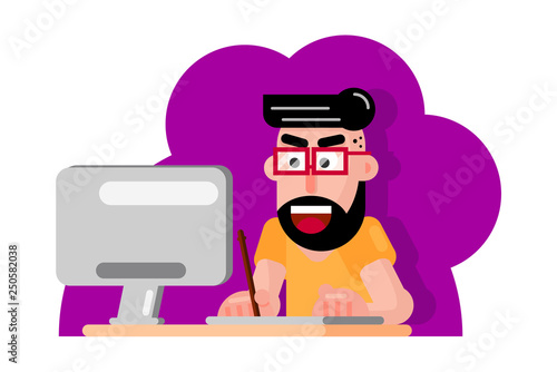 Young artist drawing something on graphic tablet at the home office, flat design vector illustration isolated on white background