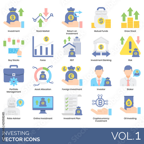 Investing icons including investment, stock market, return, mutual funds, grow, buy, forex, REIT, banking, risk, portfolio management, asset allocation, foreign, investor, broker, robo advisor, online