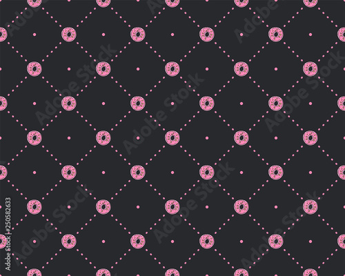 Funny princess pattern with geometrical structure and sweet donuts. Donut sweets princess pattern, cute teen fashion elements for princess and little girls. Princess cute seamless pattern, with pink