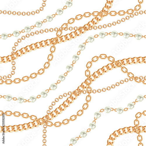 Seamless pattern background with pears and chains golden metallic necklace. On white. Vector illustration