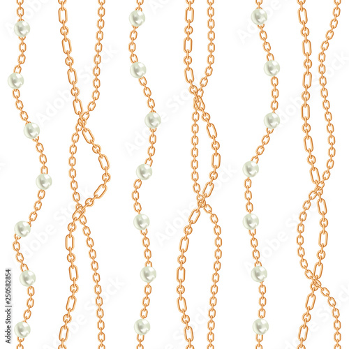Seamless pattern background with pears and chains golden metallic necklace. On white. Vector illustration
