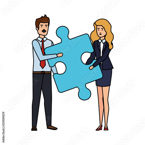 business couple lifting puzzle piece
