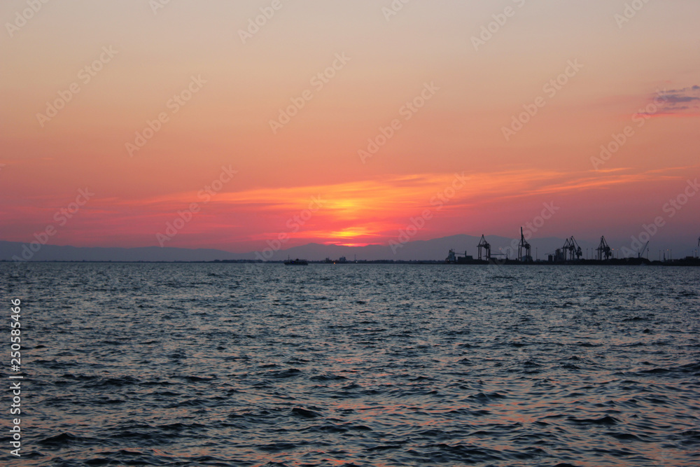 Romantic sunset in the harbor of Thessaloniki Greece