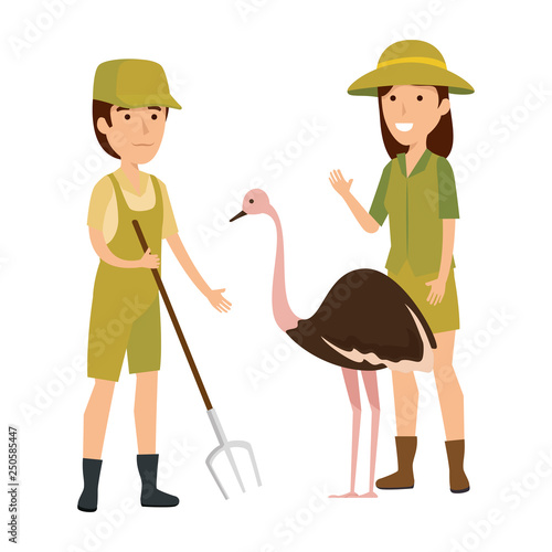 couple of workers zoo with ostrich