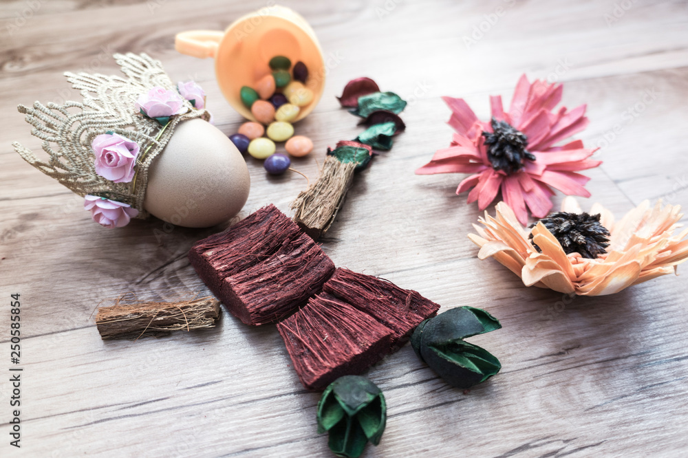 Easter, preparation for Easter, still life, story for Easter, eggs, colored objects, flowers, wooden background, wreath, Easter, preparation for Easter, still life, story for Easter, eggs, colored objects, flowers, wooden background, wreath,