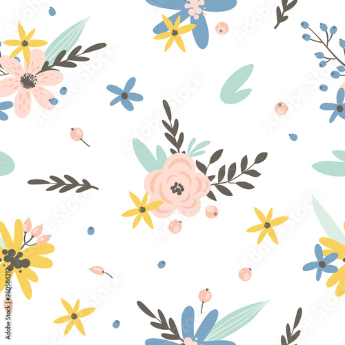 Seamless pattern with flowers, leaves and berries. Vector spring template. Design for paper, cover, fabric, interior decor