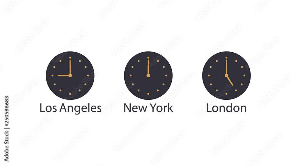 Сoncept of world time and time zones.Navy wall clock with gold hands