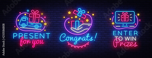 Big collectin neon signs Prizes. Gift Neon Banner Vector. Enter to win prizes design template, modern trend design, night light signboard, night bright advertising. Vector illustration