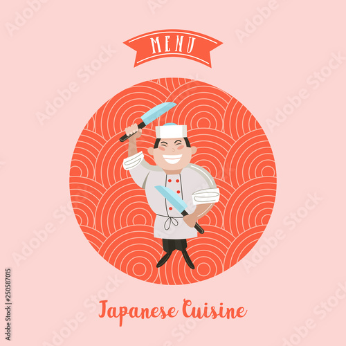 Japanese cuisine. Traditional Japanese dish. Chefs Japanese. Vector illustration in cartoon style.