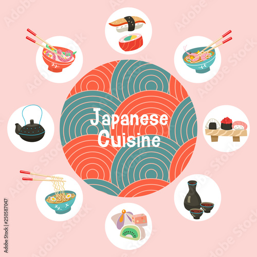 Japanese cuisine. Traditional Japanese dish. Vector illustration in cartoon style.