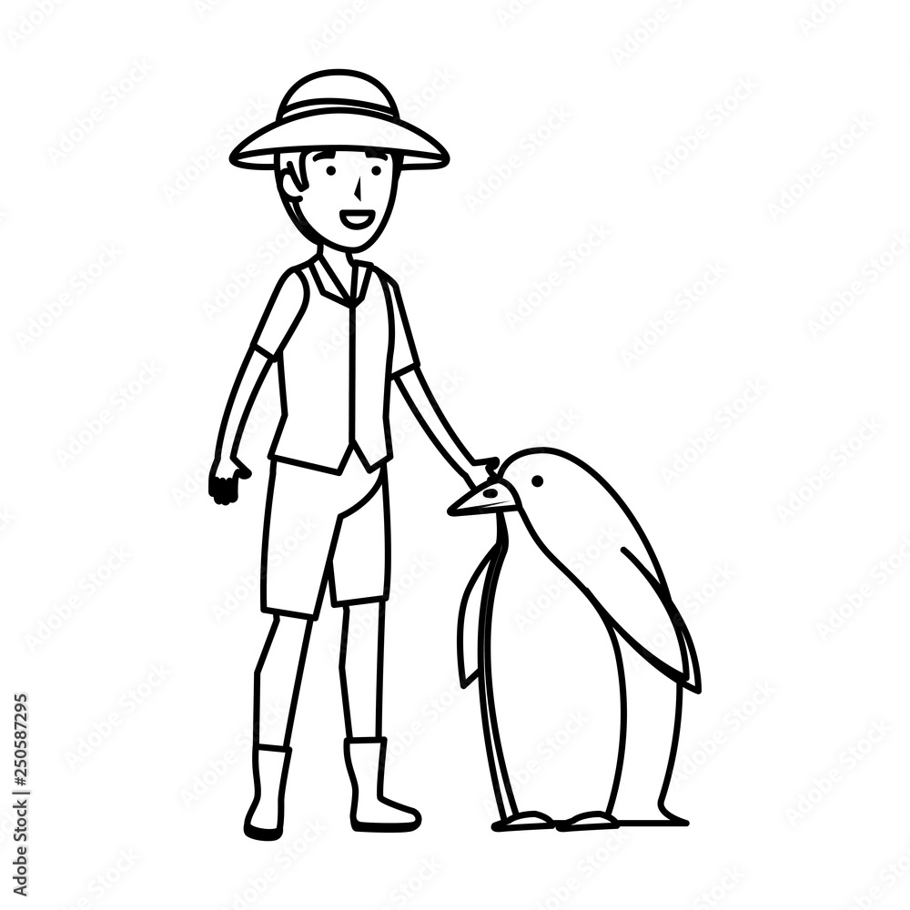 man worker of zoo with penguin man worker of zoo with penguin