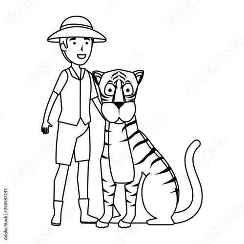 man worker of zoo with tiger