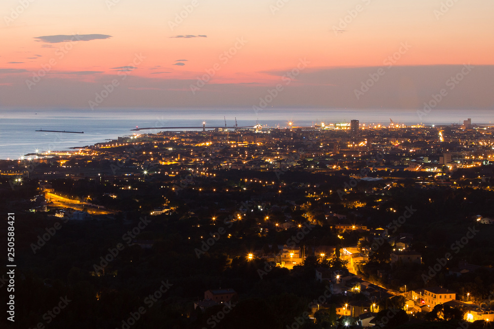 Aerial View of the city of Livorno in Tuscany at Dusk
