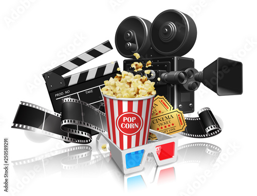 Advertising for the film industry. Film, popcorn, glasses and tickets on a white background. 3D vector. High detailed realistic illustration