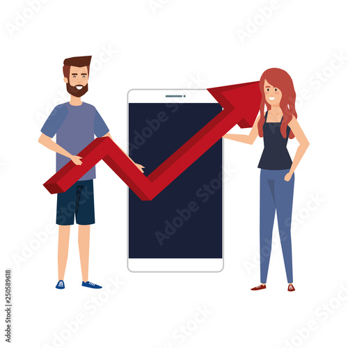 young business couple with smartphone and arrow