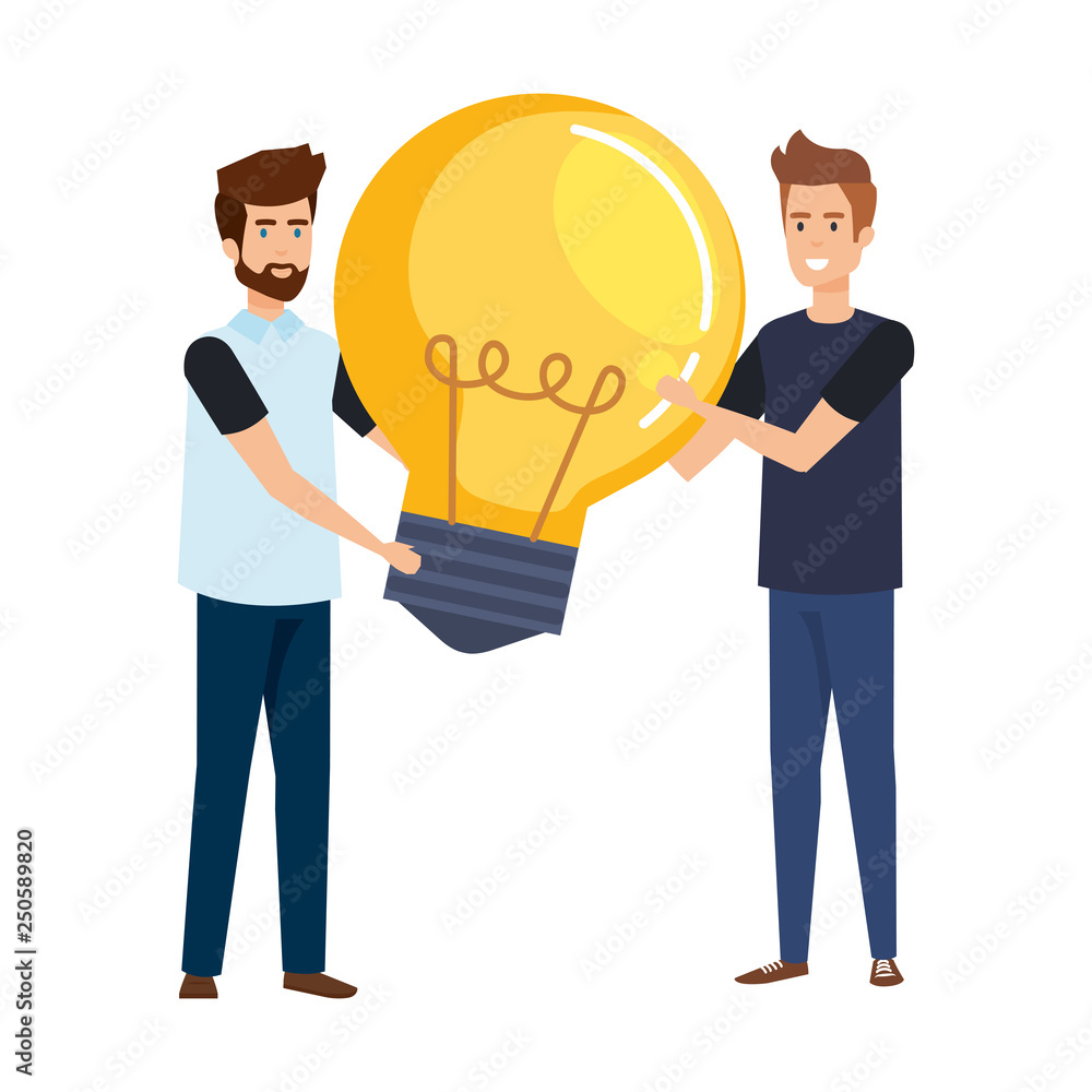 young businessmen lifting bulb young businessmen lifting bulb