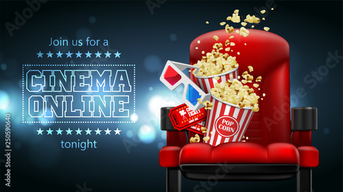 Advertising for the film industry. Theater chair, popcorn, glasses and tickets. 3D vector. High detailed realistic illustration