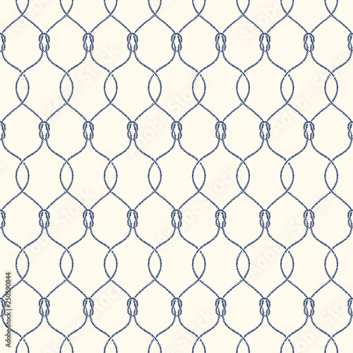 Small Retro Style Nautical Hand-Drawn Rope Intertwined Ogee Vector Seamless Pattern with Reef Knots. Marine Background