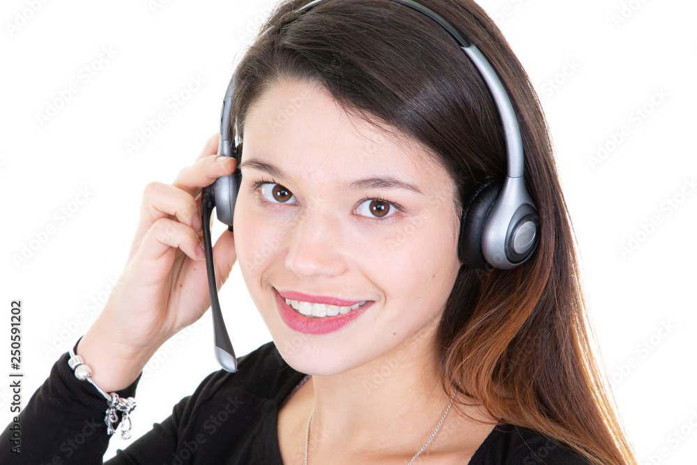 Closeup pretty call center operator young woman smiling Closeup pretty call center operator young woman smiling