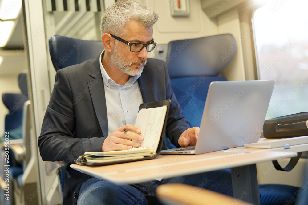 Fototapeta premium Mature businessman working on laptop while traveling in train