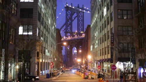 WS Night street scene with Manhattan Bridge / Dumbo, New York City, USA