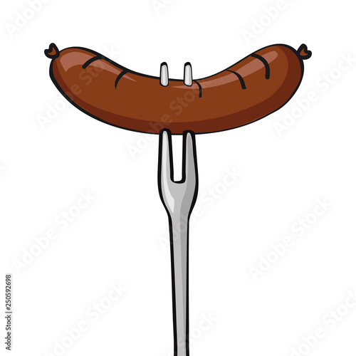 delicious BBQ sausage on a fork. white background