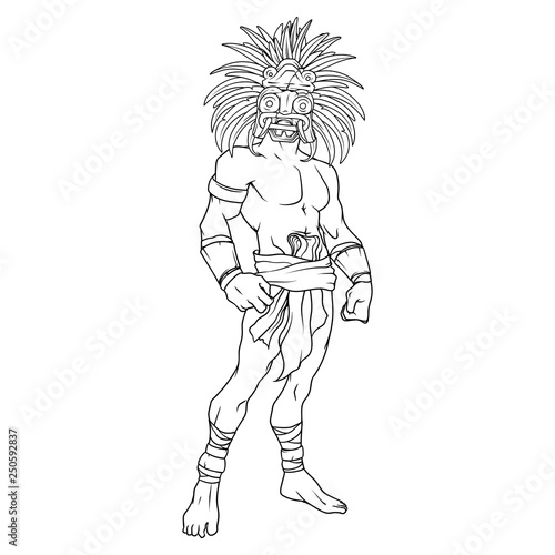 Outline of an ancient mayan warrior with amazing mask with feathers