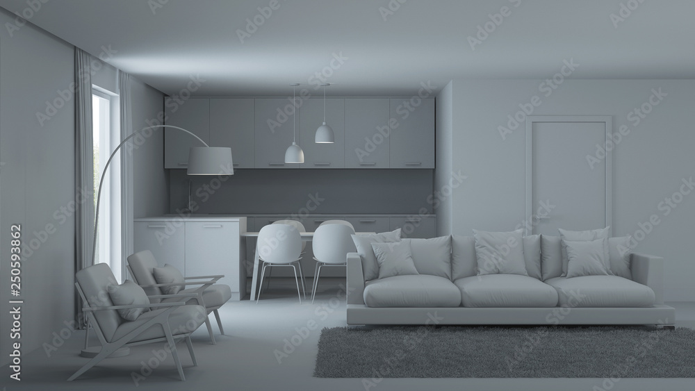 Fototapeta premium Modern house interior. Repairs. Gray interior. 3D rendering.