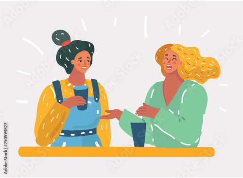 Two female friends sitting in a cafe and have fun.