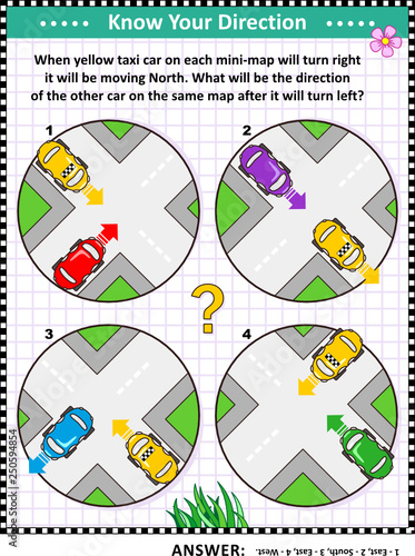Map skills and cardinal directions learning, training, practice activity page or worksheet with cars and city mini-maps. Answer included.