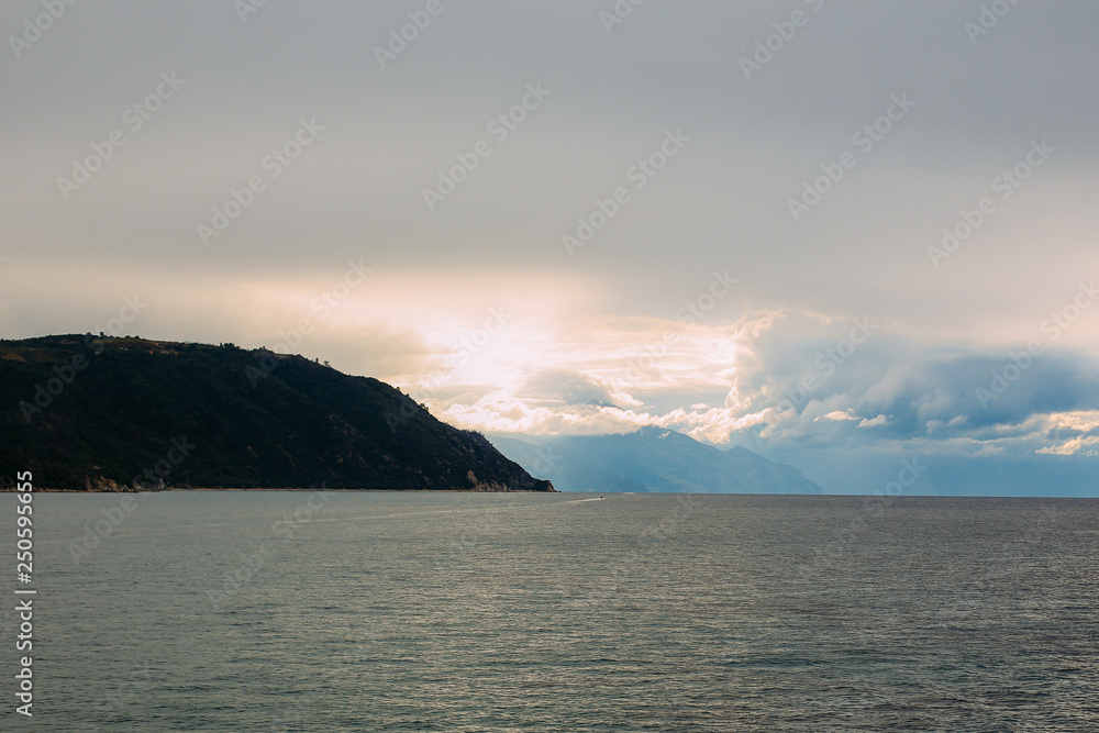 Athos peninsula, Greece.View from a ferry. Orthodox monasteries, mountains