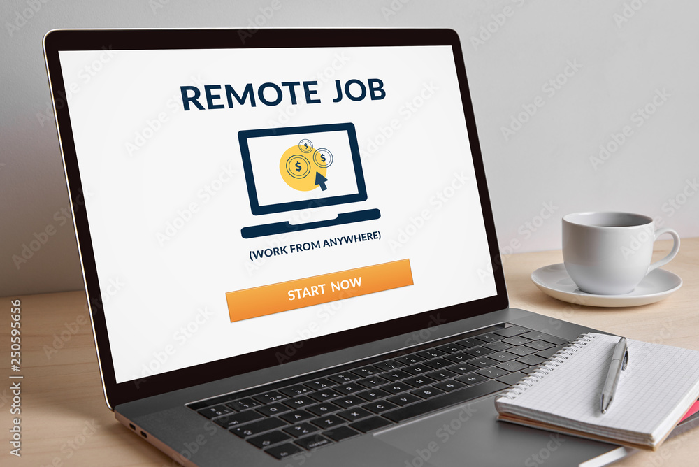 Remote job concept on modern laptop computer screen Remote job concept on modern laptop computer screen