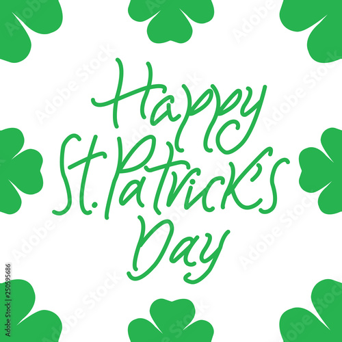 Happy Saint Patrick's day vector challigraphy, isolated on white background in clover frame. Saint Patrick's holiday invitation and greeting.  photo