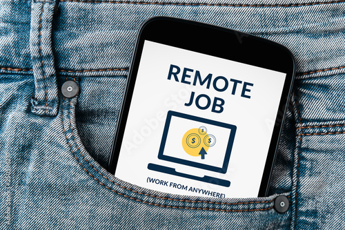 Remote job concept on smartphone screen in jeans pocket