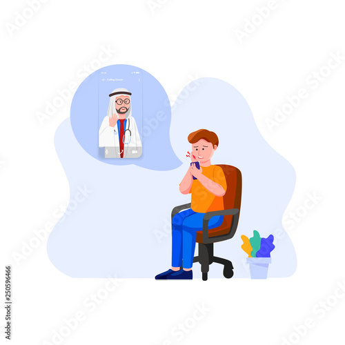 Online Doctor Concept, A Tootache Man Consulting To Dentist Vector Flat Illustration  photo