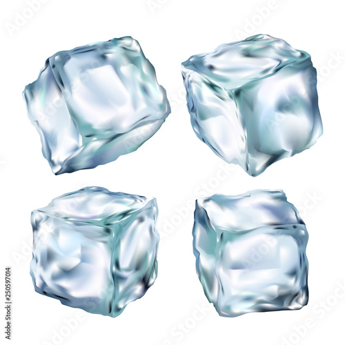 Ice cubes transparent vector 3d illustration realistic set. Water freeze Clip art for your design.