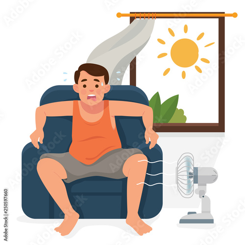 vector illustration man / boy sitting in his house in front of open window and turn of a fan, man exhausted of hot summer day - Vector