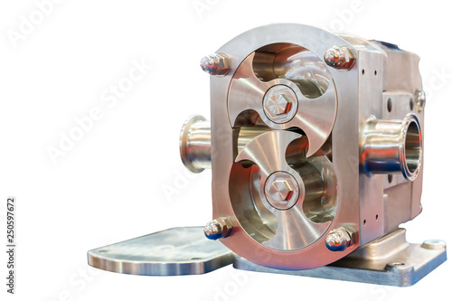 Close up High technology and quality rotary or lobe gear high pressure vacuum pump for control constant flow rate water solvent chemical liquid or oil isolated on white background with clipping path