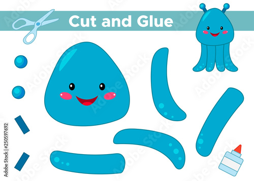 Education paper game for preschool kids. Create the applique cute cartoon alien. Cut and glue. Space theme. Vector illustration.