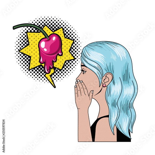 woman telling a secret with speech bubble