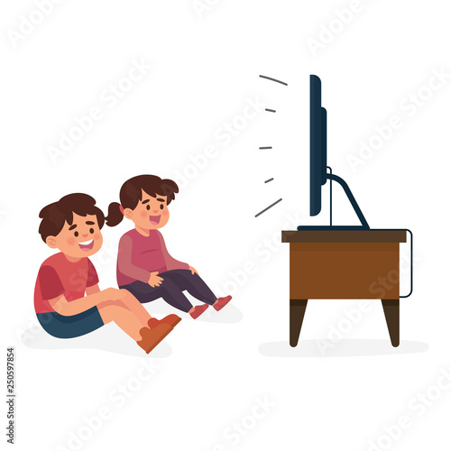 vector illustration happy kids watching tv, boy and girl watching tv - Vector