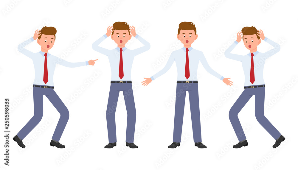 Young office worker in formal wear shocked, surprised, amazed, under the pressure. Cartoon character design of stressed, worry, nervous, scared man emotions concept - Vector Young office worker in formal wear shocked, surprised, amazed, under the pressure. Cartoon character design of stressed, worry, nervous, scared man emotions concept - Vector