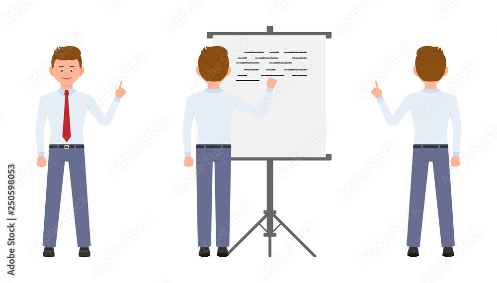 Young office manager pointing finger, writing on flipchart, standing from back. Cartoon character design of busy worker, idea, solution concept - Vector