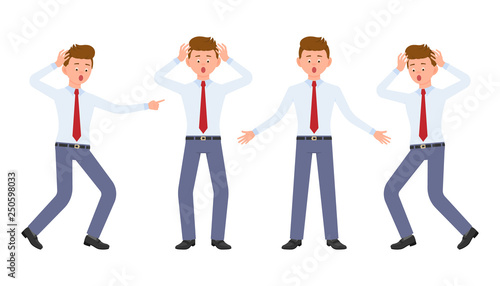 Young office worker in formal wear shocked, surprised, amazed, under the pressure. Cartoon character design of stressed, worry, nervous, scared man emotions concept - Vector