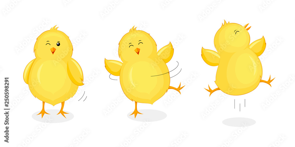 Cute little chicks jumping and dancing. Happy Easter day. Newborn chicks birds, cartoon character design. Illustration isolated on white background.