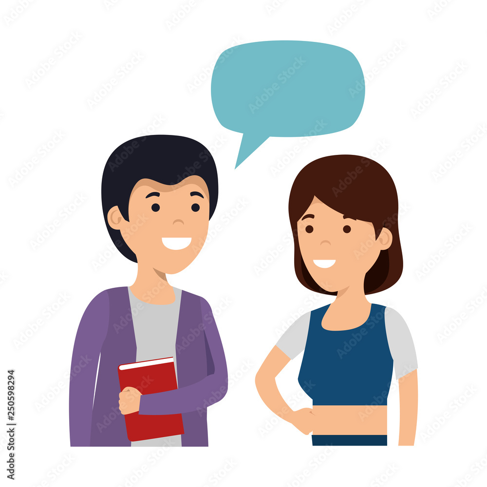 young couple with speech bubble characters young couple with speech bubble characters
